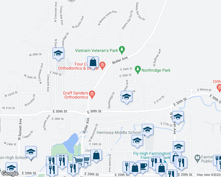 map of restaurants, bars, coffee shops, grocery stores, and more near 3210 North Mesa Verde Avenue in Farmington