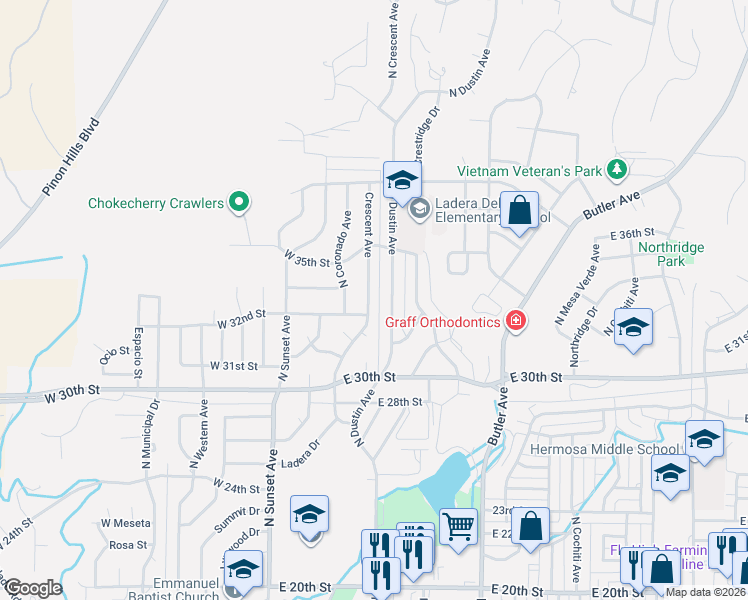 map of restaurants, bars, coffee shops, grocery stores, and more near 3304 Crescent Avenue in Farmington