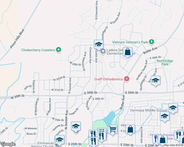 map of restaurants, bars, coffee shops, grocery stores, and more near 3304 Crescent Avenue in Farmington