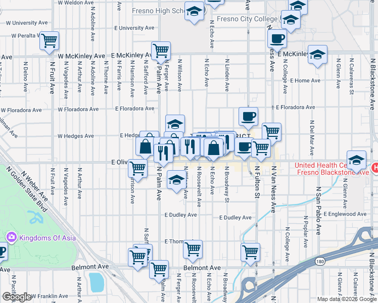 map of restaurants, bars, coffee shops, grocery stores, and more near 1274 North Wilson Avenue in Fresno