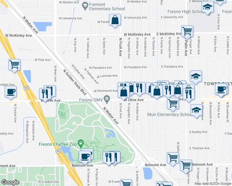map of restaurants, bars, coffee shops, grocery stores, and more near 533 West Hedges Avenue in Fresno