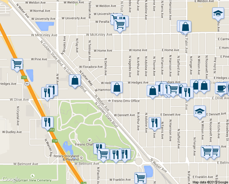 map of restaurants, bars, coffee shops, grocery stores, and more near 533 West Hedges Avenue in Fresno