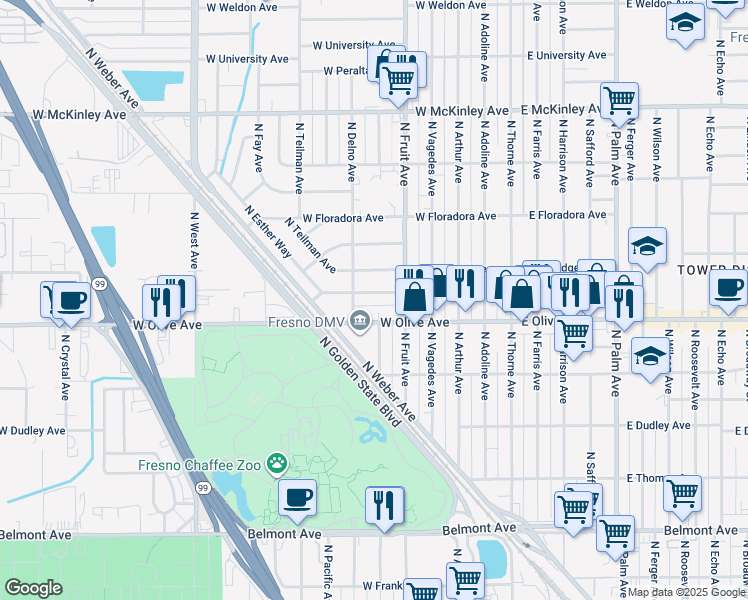 map of restaurants, bars, coffee shops, grocery stores, and more near 533 West Hedges Avenue in Fresno