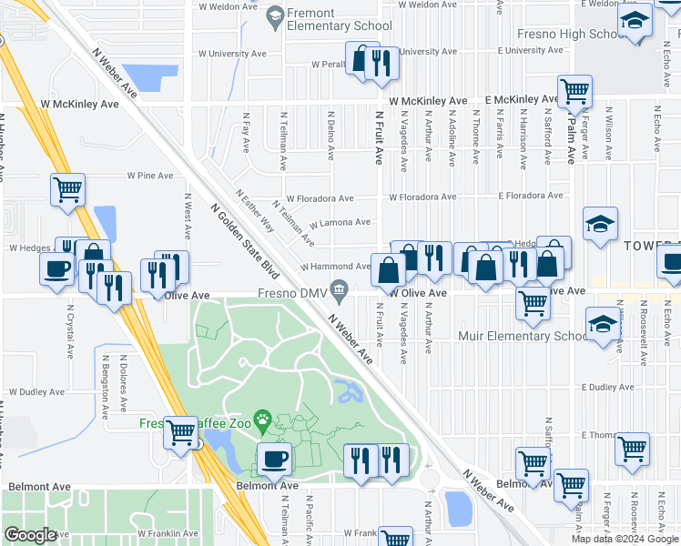 map of restaurants, bars, coffee shops, grocery stores, and more near 1283 North Delno Avenue in Fresno
