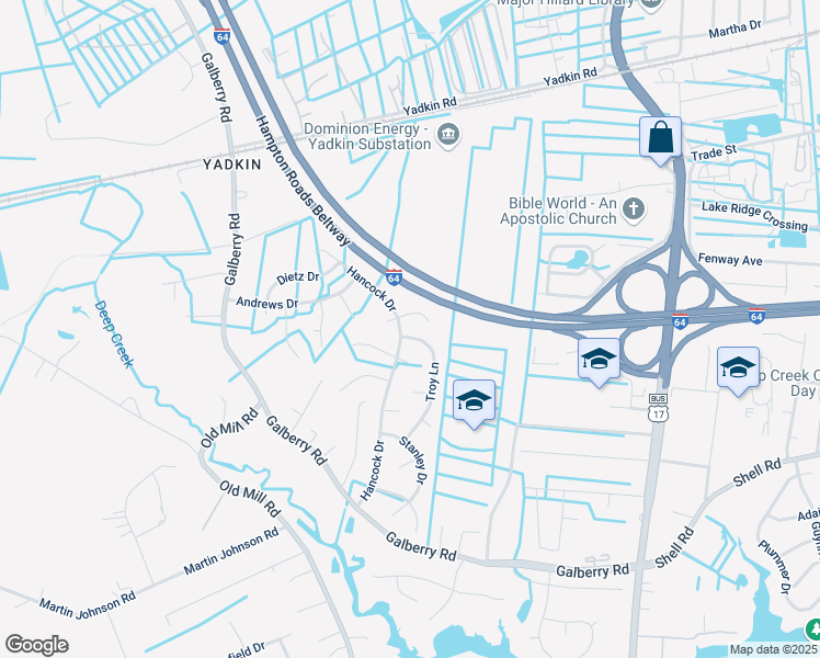 map of restaurants, bars, coffee shops, grocery stores, and more near 3906 Southall Court East in Chesapeake