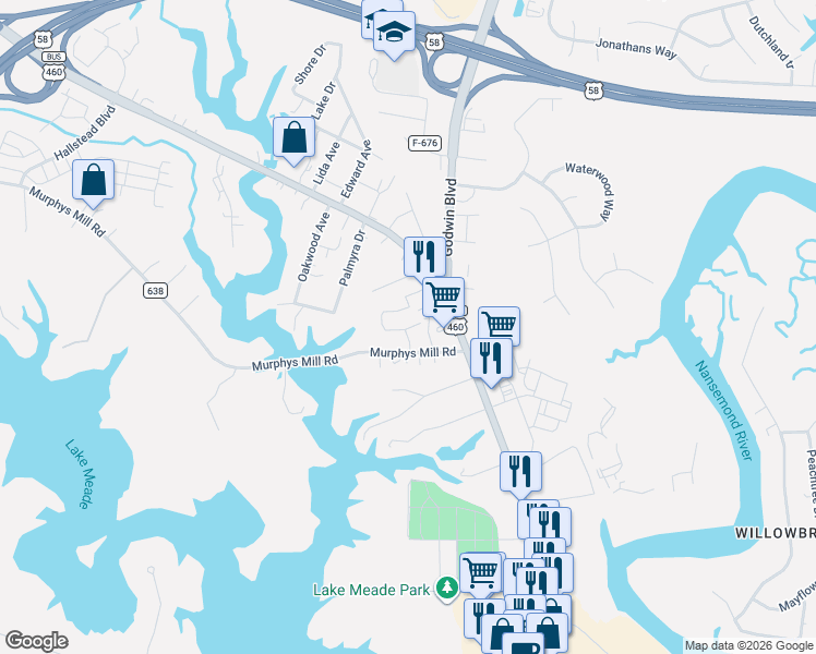 map of restaurants, bars, coffee shops, grocery stores, and more near 2303 Pruden Boulevard in Suffolk