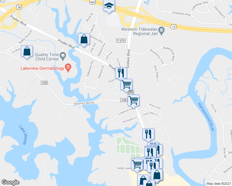 map of restaurants, bars, coffee shops, grocery stores, and more near 200 Seasons Circle in Suffolk