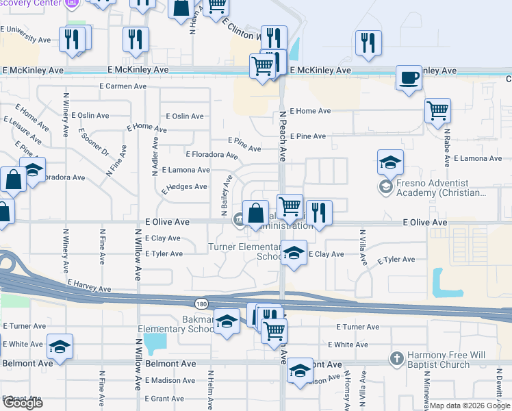 map of restaurants, bars, coffee shops, grocery stores, and more near 1221 North Peach Avenue in Fresno