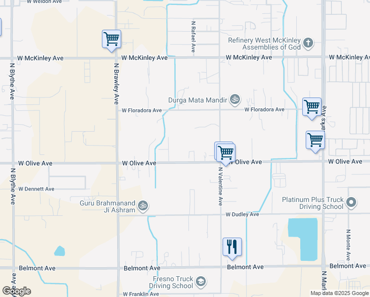 map of restaurants, bars, coffee shops, grocery stores, and more near 3514 West Olive Avenue in Fresno