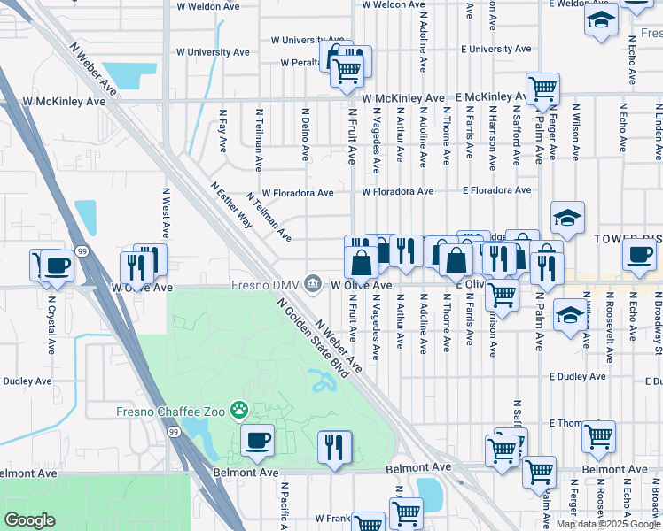 map of restaurants, bars, coffee shops, grocery stores, and more near 543 West Hammond Avenue in Fresno