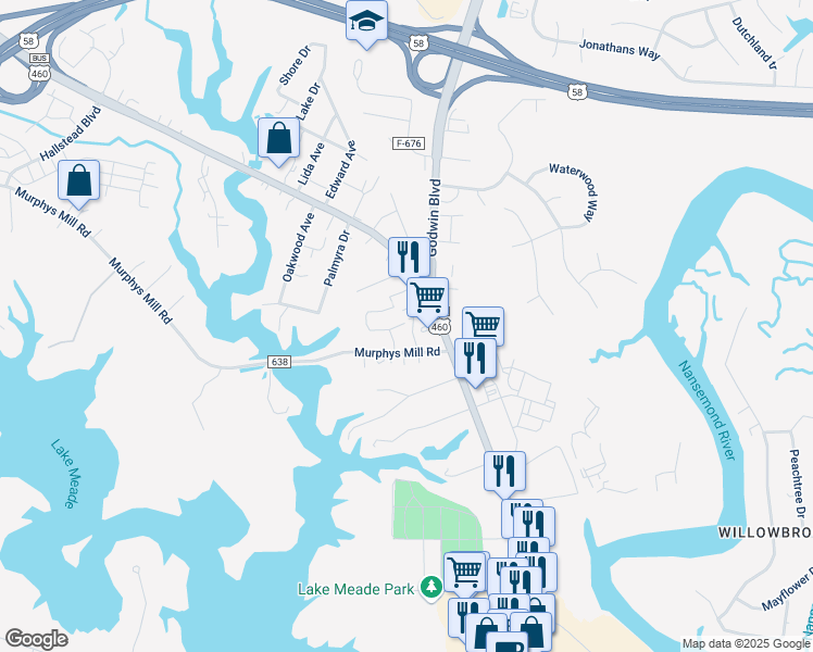 map of restaurants, bars, coffee shops, grocery stores, and more near 200 Seasons Circle in Suffolk