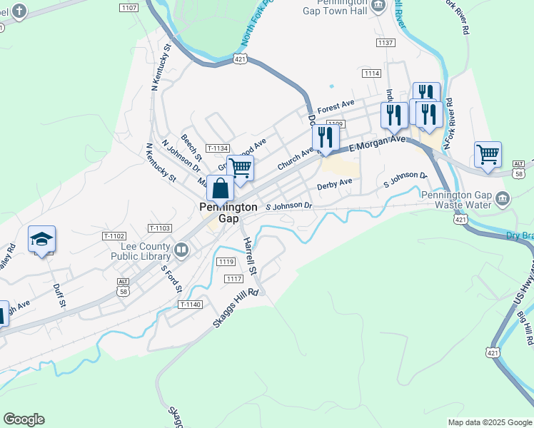 map of restaurants, bars, coffee shops, grocery stores, and more near L And North Avenue in Pennington Gap