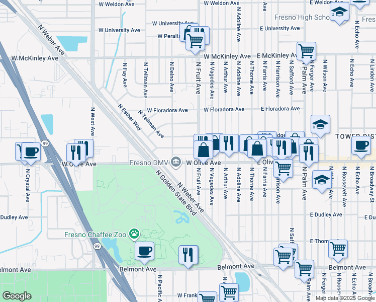 map of restaurants, bars, coffee shops, grocery stores, and more near 539 West Hammond Avenue in Fresno