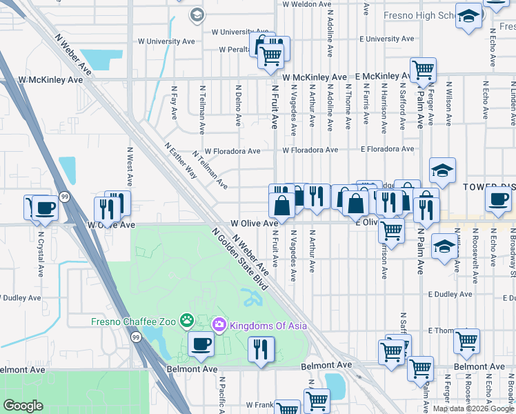 map of restaurants, bars, coffee shops, grocery stores, and more near 533 West Hedges Avenue in Fresno
