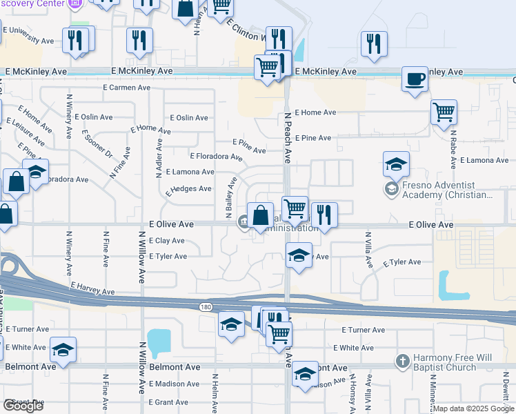 map of restaurants, bars, coffee shops, grocery stores, and more near 5148 East Hedges Avenue in Fresno
