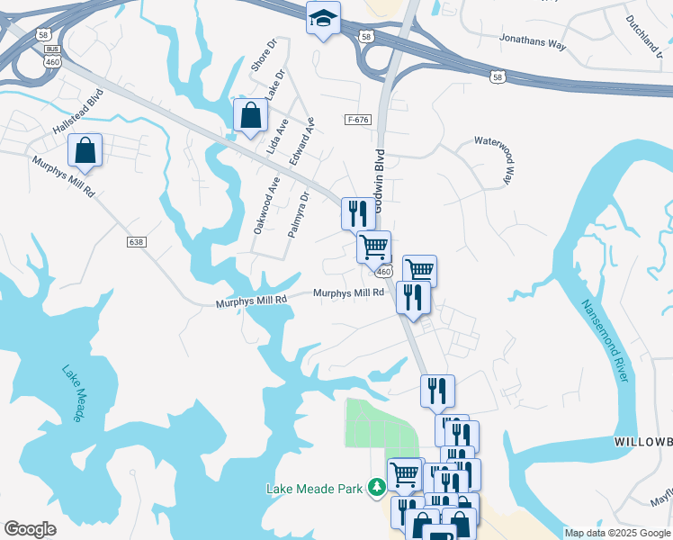 map of restaurants, bars, coffee shops, grocery stores, and more near 2303 Pruden Boulevard in Suffolk