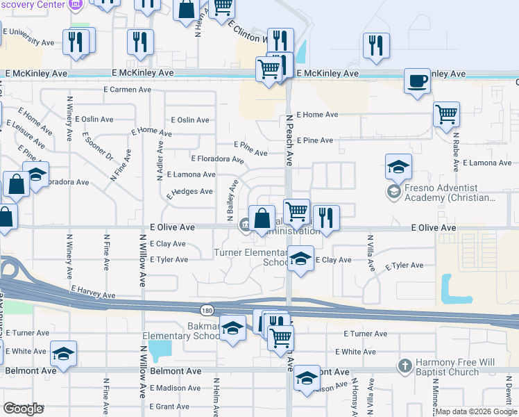 map of restaurants, bars, coffee shops, grocery stores, and more near 5148 East Hedges Avenue in Fresno