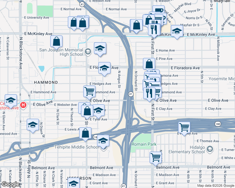 map of restaurants, bars, coffee shops, grocery stores, and more near 1237 North Angus Street in Fresno