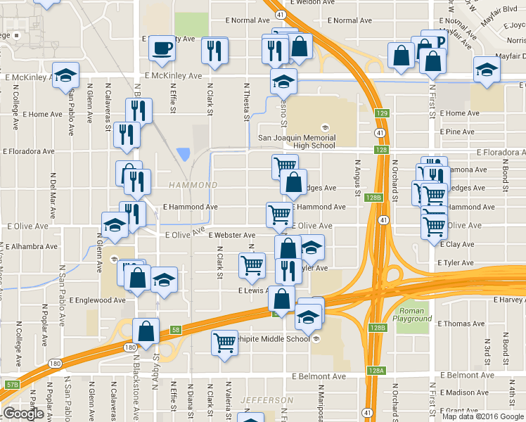 map of restaurants, bars, coffee shops, grocery stores, and more near 2409 East Hammond Avenue in Fresno