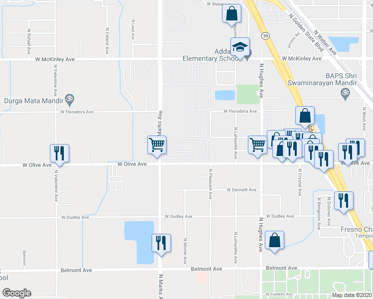 map of restaurants, bars, coffee shops, grocery stores, and more near 2740 West Olive Avenue in Fresno