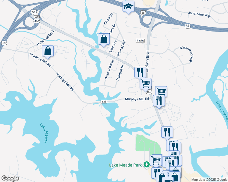 map of restaurants, bars, coffee shops, grocery stores, and more near 1303 Beechwood Avenue in Suffolk