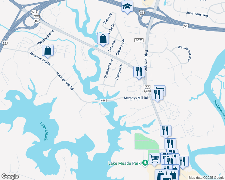 map of restaurants, bars, coffee shops, grocery stores, and more near 1303 Beechwood Avenue in Suffolk