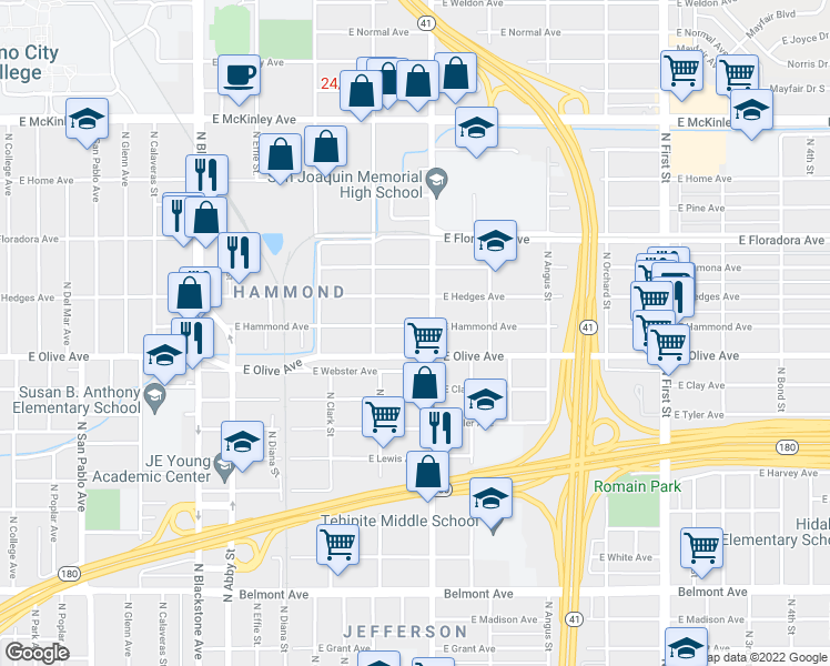 map of restaurants, bars, coffee shops, grocery stores, and more near 2424 East Hammond Avenue in Fresno
