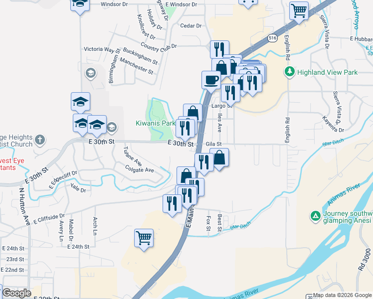 map of restaurants, bars, coffee shops, grocery stores, and more near 4015 East 30th Street in Farmington