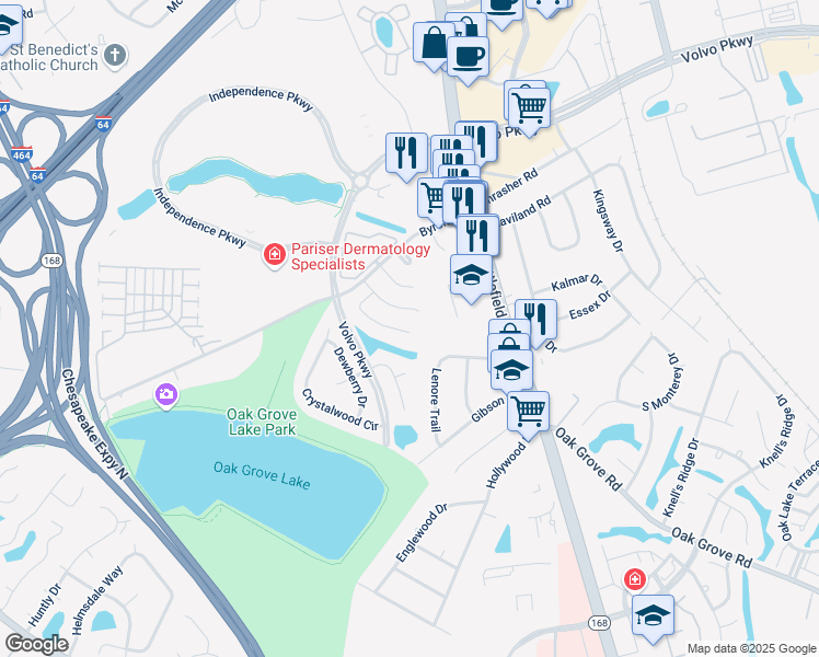 map of restaurants, bars, coffee shops, grocery stores, and more near 1209 Damyien Arch in Chesapeake
