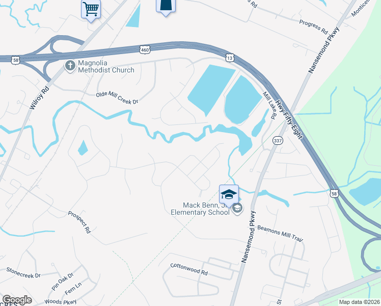 map of restaurants, bars, coffee shops, grocery stores, and more near 209 Declaration Lane in Suffolk