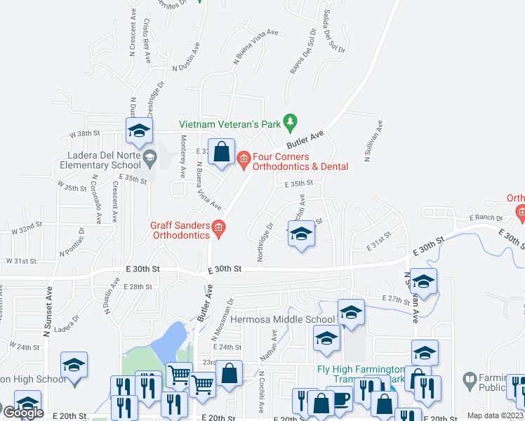 map of restaurants, bars, coffee shops, grocery stores, and more near 3298 East Mesa Verde Avenue in Farmington