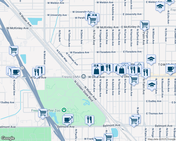 map of restaurants, bars, coffee shops, grocery stores, and more near 533 West Hedges Avenue in Fresno