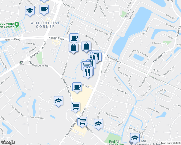 map of restaurants, bars, coffee shops, grocery stores, and more near 2177 Upton Drive in Virginia Beach