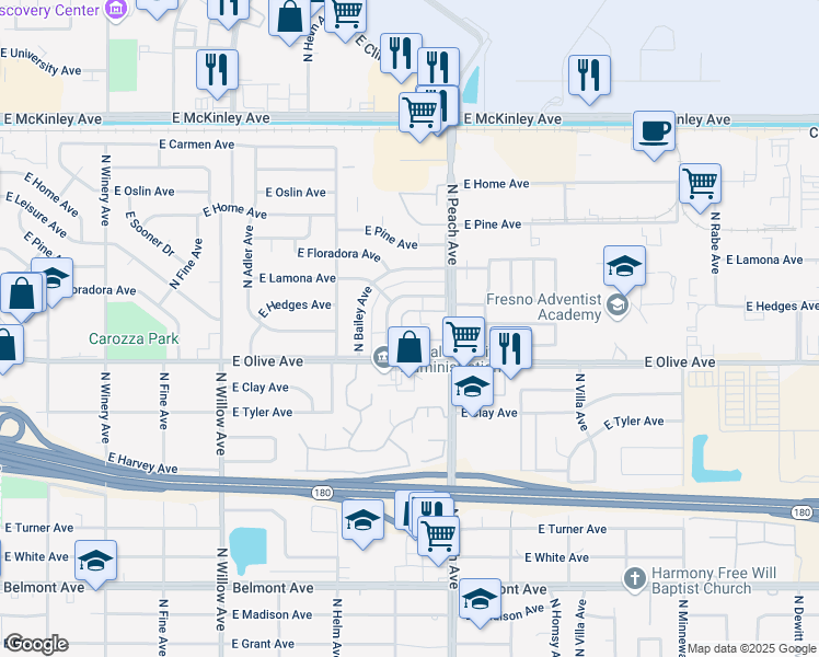 map of restaurants, bars, coffee shops, grocery stores, and more near 5148 East Hedges Avenue in Fresno