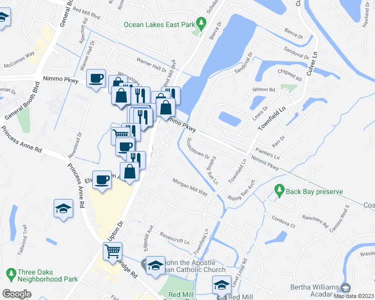 map of restaurants, bars, coffee shops, grocery stores, and more near 2365 Scotchtown Drive in Virginia Beach