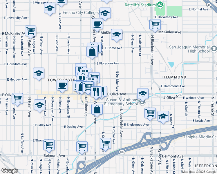 map of restaurants, bars, coffee shops, grocery stores, and more near 1241 North Poplar Avenue in Fresno
