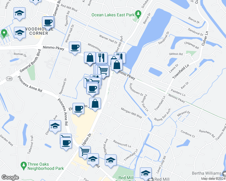map of restaurants, bars, coffee shops, grocery stores, and more near Mill Crossing Drive in Virginia Beach