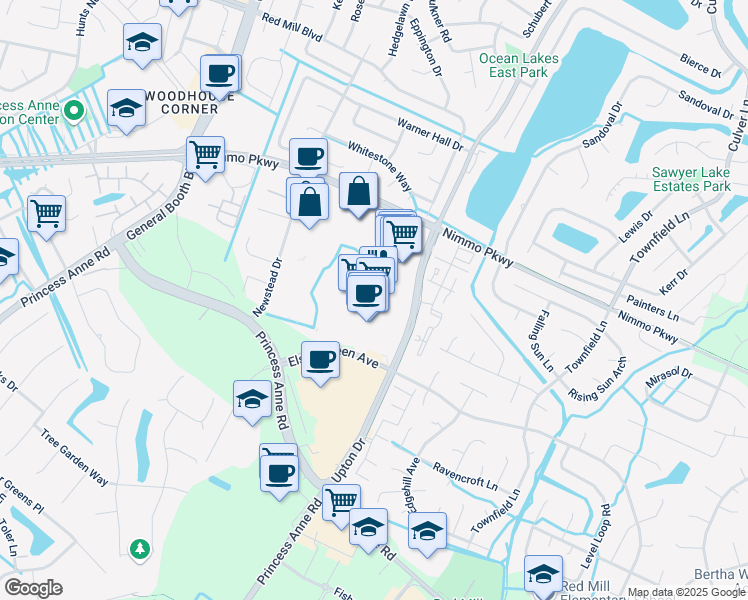 map of restaurants, bars, coffee shops, grocery stores, and more near 2177 Upton Dr in Virginia Beach