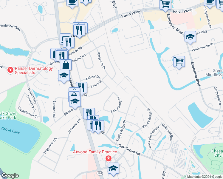 map of restaurants, bars, coffee shops, grocery stores, and more near 1104 Birchwater Arch in Chesapeake