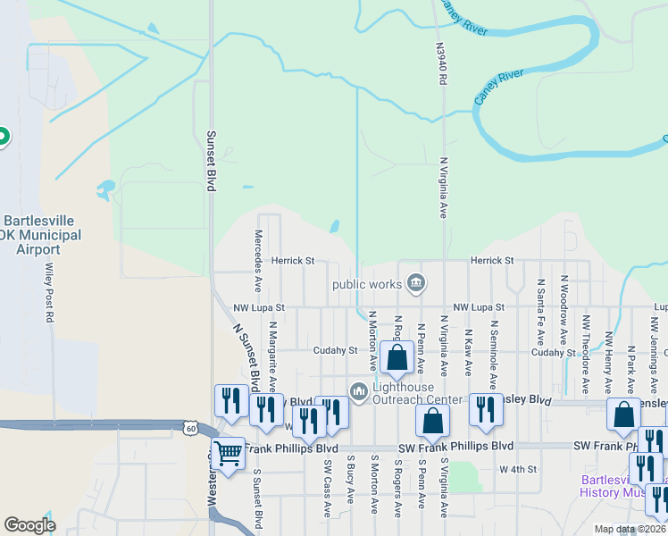 map of restaurants, bars, coffee shops, grocery stores, and more near 344 Northwest Adeline Avenue in Bartlesville
