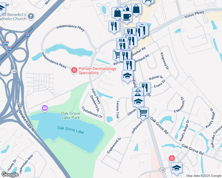 map of restaurants, bars, coffee shops, grocery stores, and more near 1209 Damyien Arch in Chesapeake