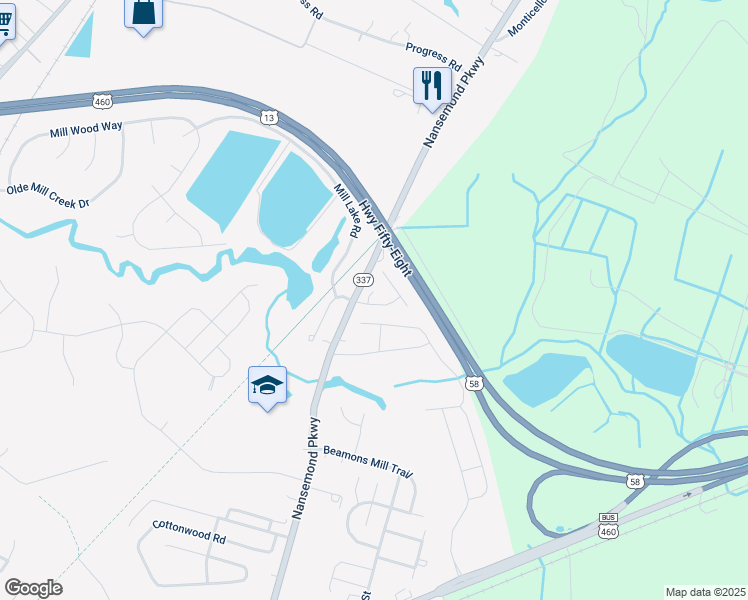 map of restaurants, bars, coffee shops, grocery stores, and more near 1405 Falcon St in Suffolk