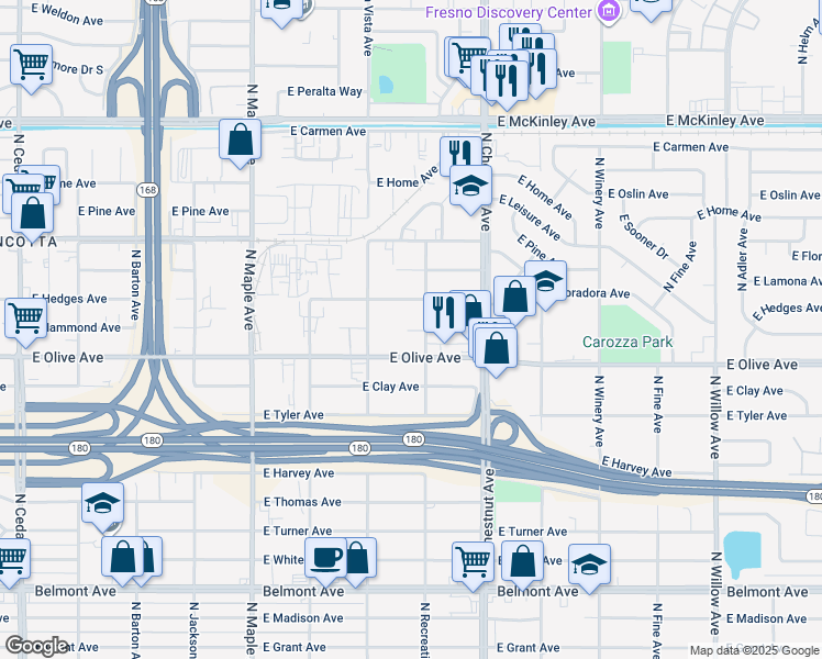 map of restaurants, bars, coffee shops, grocery stores, and more near 1285 North Recreation Avenue in Fresno