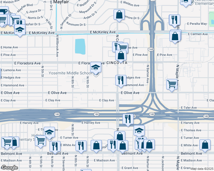 map of restaurants, bars, coffee shops, grocery stores, and more near 4163 East Hammond Avenue in Fresno