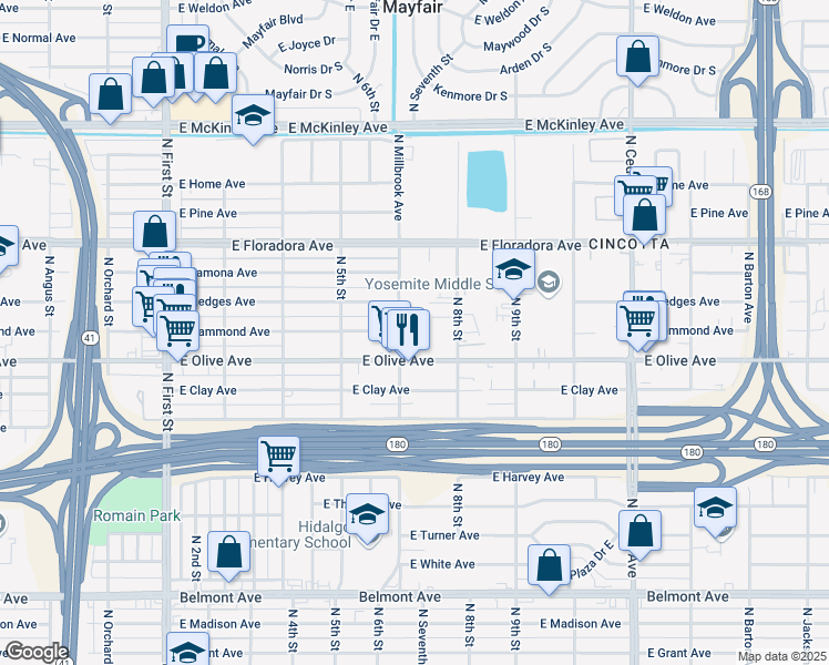map of restaurants, bars, coffee shops, grocery stores, and more near 1284 North Millbrook Avenue in Fresno