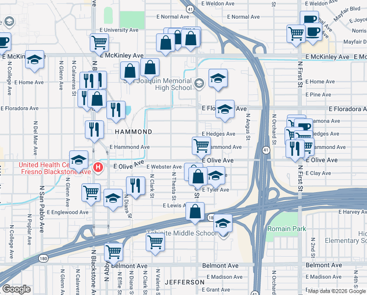map of restaurants, bars, coffee shops, grocery stores, and more near 2409 East Hammond Avenue in Fresno