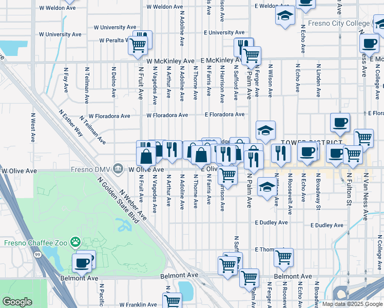 map of restaurants, bars, coffee shops, grocery stores, and more near 1282 North Adoline Avenue in Fresno