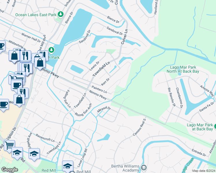 map of restaurants, bars, coffee shops, grocery stores, and more near 2328 Treesong Trail in Virginia Beach