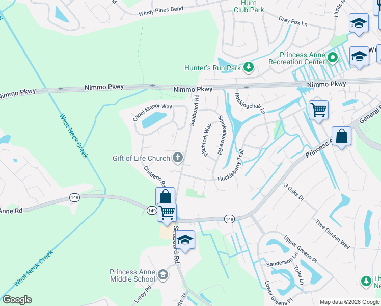 map of restaurants, bars, coffee shops, grocery stores, and more near 2429 Pitchfork Way in Virginia Beach