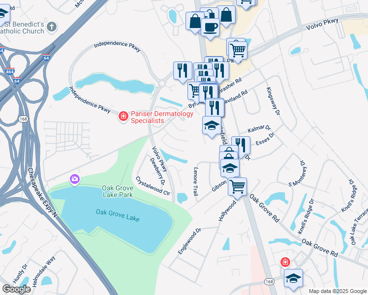 map of restaurants, bars, coffee shops, grocery stores, and more near 1228 Corkwood Circle in Chesapeake